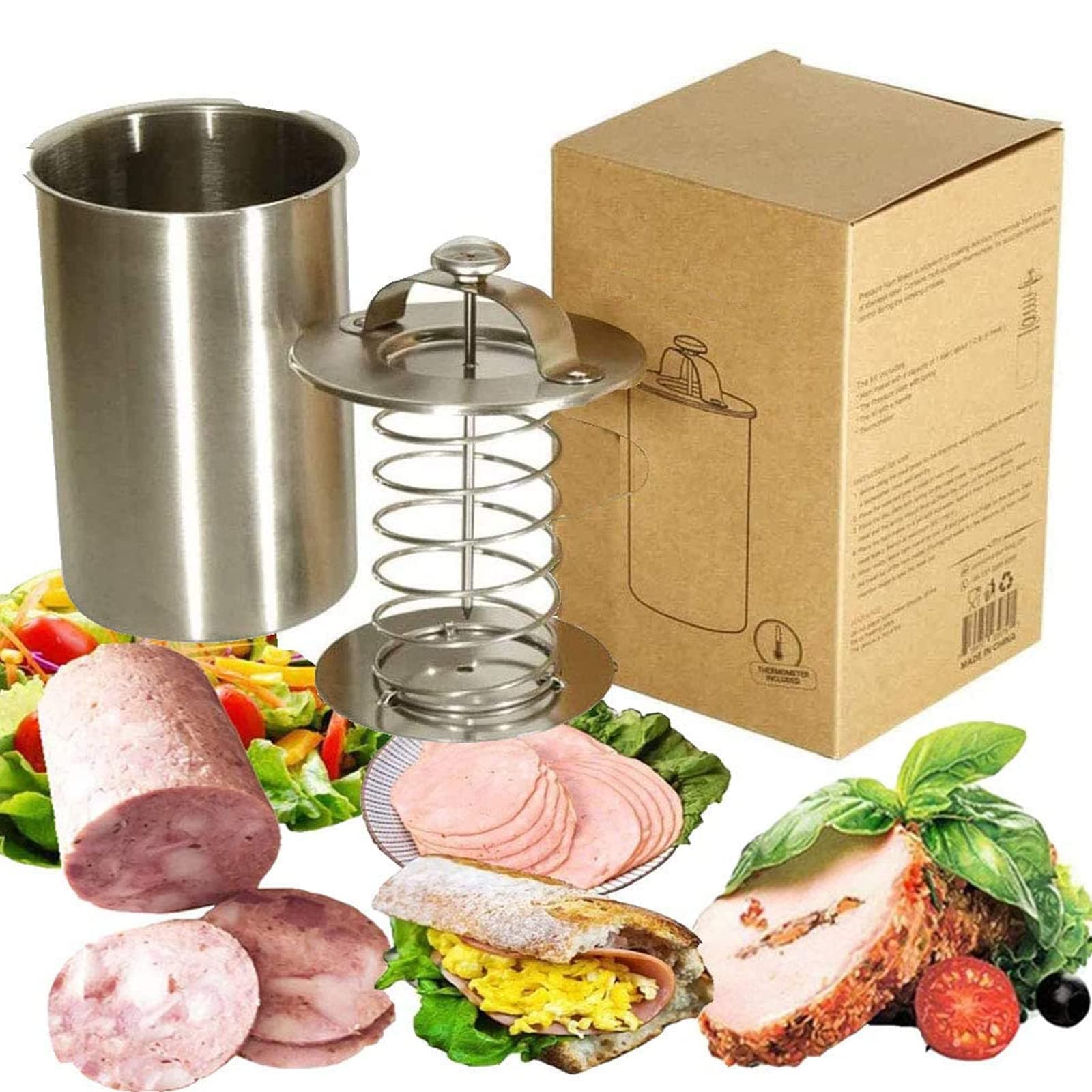 Stainless Steel Ham Sandwich Meat Press Maker with Thermometer for Making Healthy Homemade Deli Meat - Kitchen Bacon Meat Pressure Cookers Boiler Pot Pan Stove