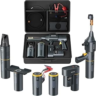 BAYU 6 in 1 Car Jump Starter Kit with 19000PA Car Vacuum Cleaner & Universal Battery, Cordless Pressure Washer, 150PSI Tire Inflator, Air Compressor, Portable 12V 1500A Auto Jump Box (6 Pcs)