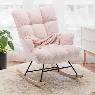 SAETSFEG Rocking Chair Nursery Teddy, Upholstered Baby Fluffy Glider Rocker for Adults Small Spaces Indoor, Comfy Sherpa Compact Nursing Chairs for Living Room, Bedroom, Classroom, Pink