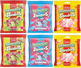 Squashies Sweet Party Bundle 6 Packs x 140g each Drumstick Squashies Sour Cherry and Apple Flavour & Bubblegum Flavour, Drumstick Squashies Original Flavour Raspberry and Milk