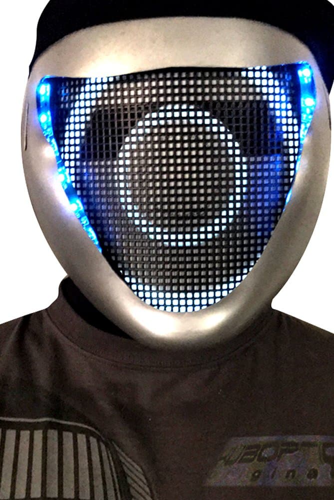 Original Huboptic BASS FX - Silver Mask Blue LED - DJ Mask Face Expression Light Up Mask LED Eyes Neon mask Smile Wrench Mask Bot Rave Mask Robot Mask Ninja Mask Cosplay Party Mask Costume