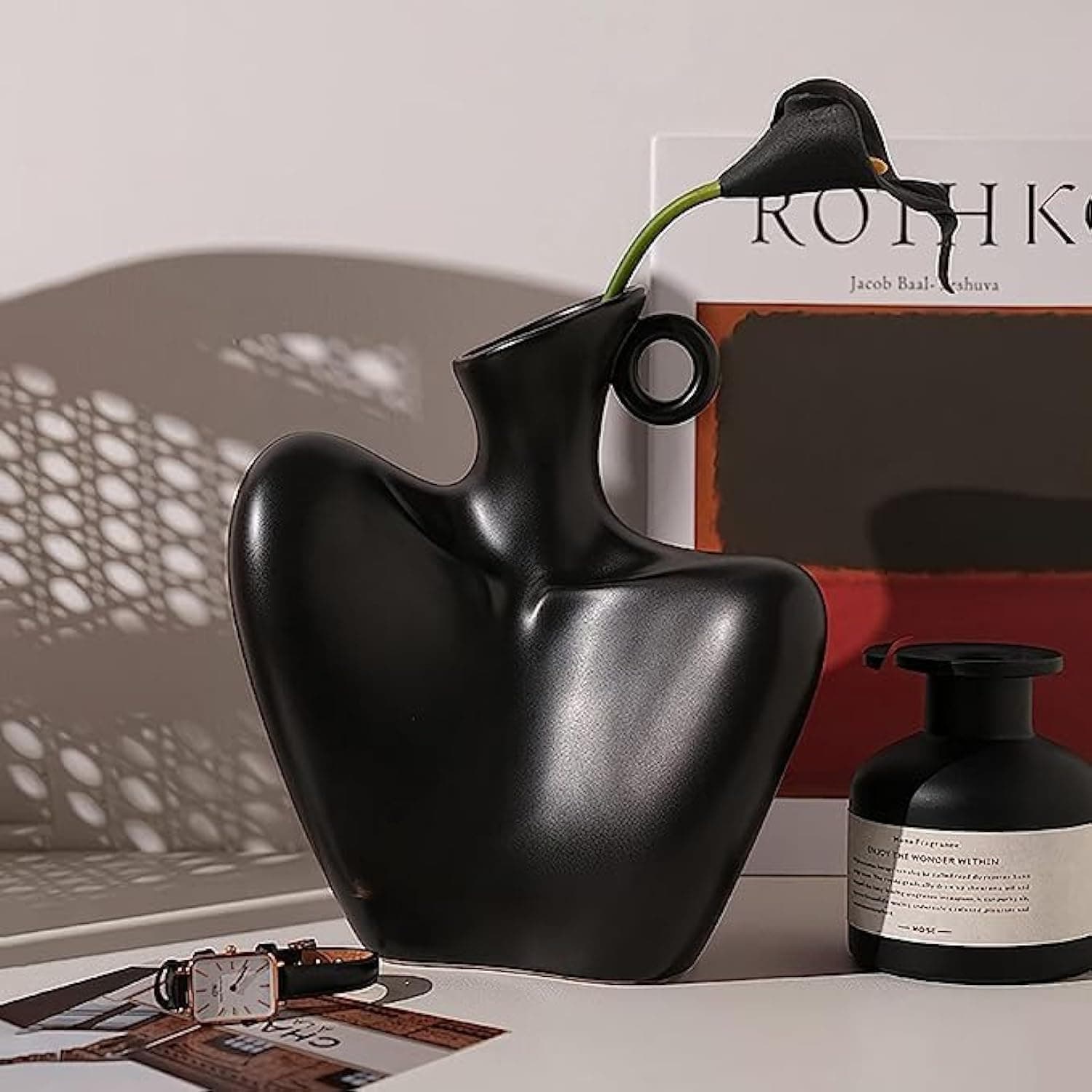 Eschur Premium Black Ceramic Vase Nordic Boho Modern Minimalist Design Big Flower Vase for Elegant Home Décor Wedding Dinner Table Party Living Room Office Bedroom Decorative Gifr (Black)