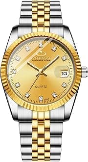 His and Her Matching Set Couple Watches Gold-Silver Tone Quartz Calendar Watch for Men Women