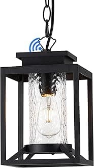 Outdoor Pendant Lights, Dusk to Dawn Modern Outdoor Porch Chandelier Lantern with Sensor, Black Exterior Hanging Porch Light with Hammered Glass, Adjustable Long Chain, OS-KY1001