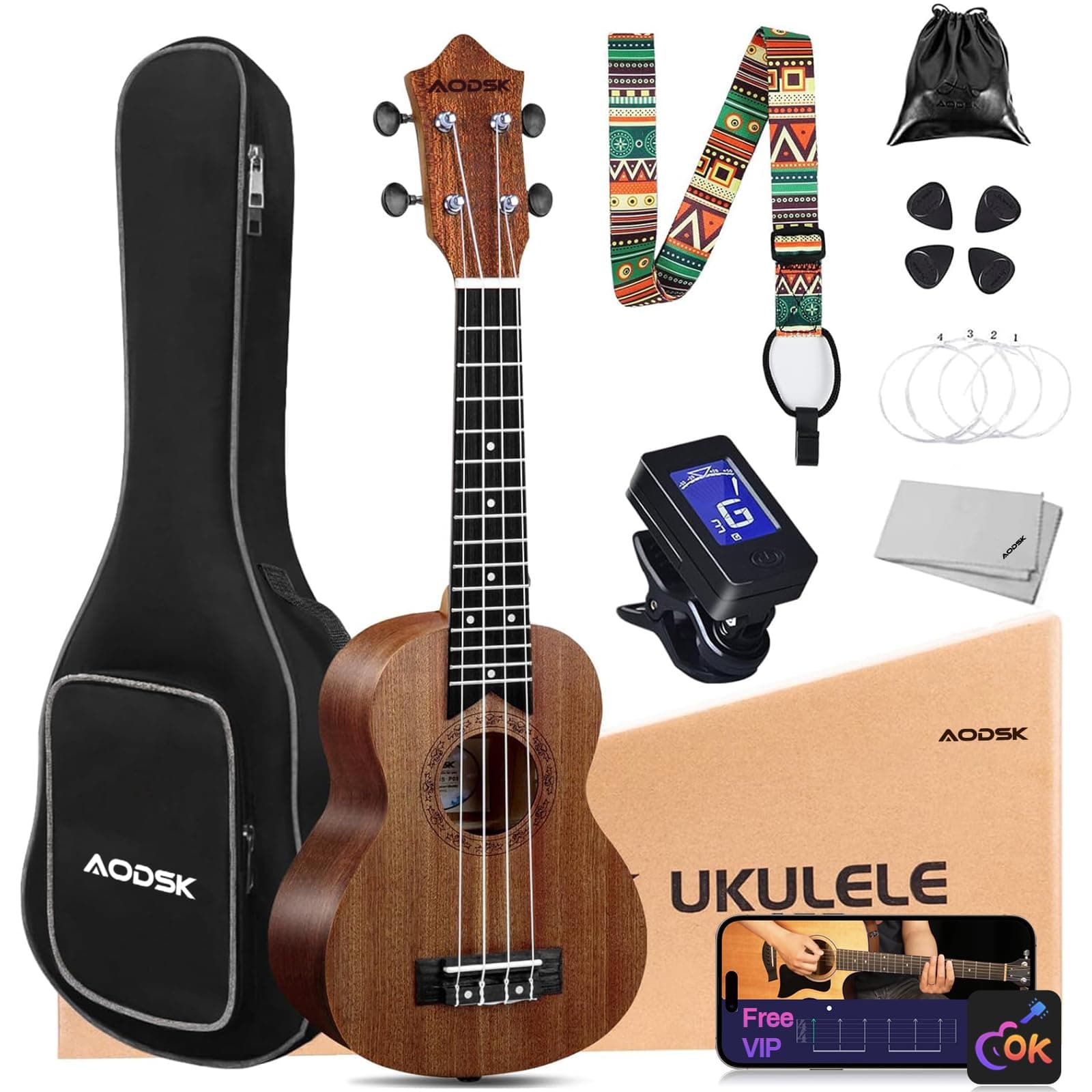 AODSK Soprano Ukulele for Beginner 21 Inch Ukelele Kit with Gig Bag StrapTuner Nylon String 4 Picks Cloth Online Lesson Holiday Gift