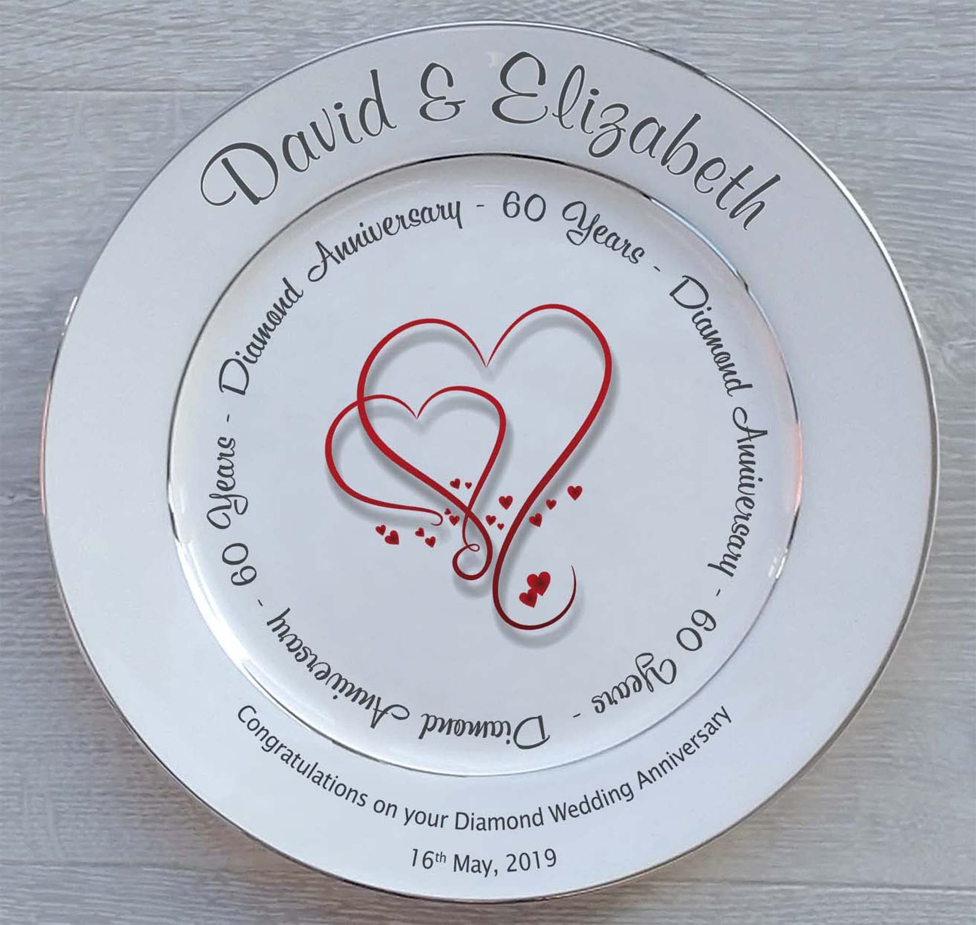 Personalised Bone China Plate - Diamond (60th) Wedding Anniversary - Hearts Design
