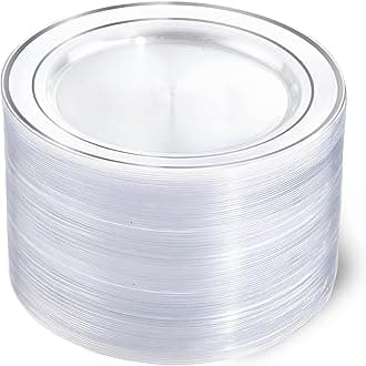 I00000 60PCS Silver Plastic Plates, Clear Plates with Silver Rim 10 Inch, Ideal for Weddings, Parties,Birthday
