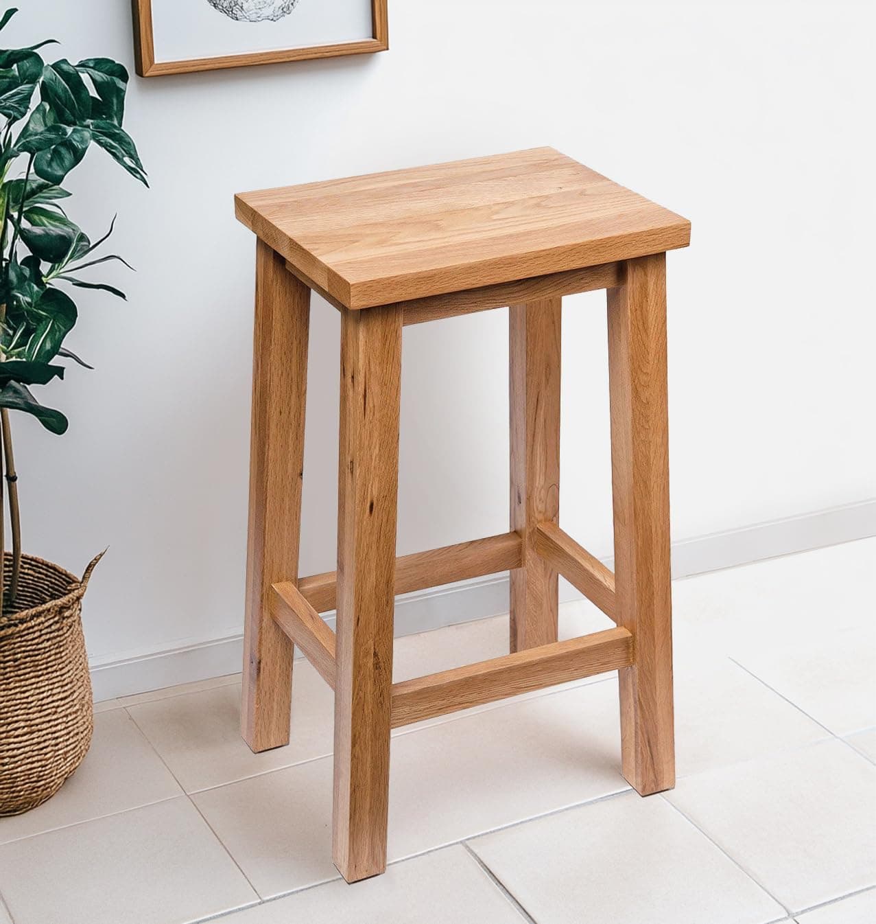 Hallowood Camberley Bar Stool in Light Oak Finish, Solid Wooden Oak Stool with Footrest, Stools to Sit On Under Kitchen Counter Top, Breakfast Bar, Dressing Table, Living room or Hallway