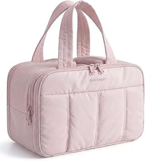 BAGSMART Travel Toiletry Bag, Puffy Large Toiletry Bag for Women, Lightweight Cosmetic Makeup Bag Organizer with Handle for Traveling, Accessories, Essentials, Toiletries (Pink)