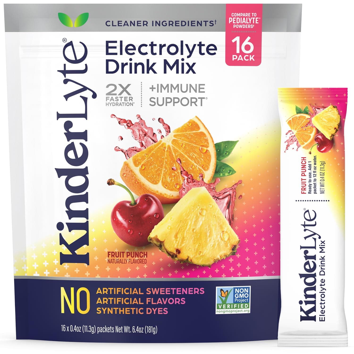 Kinderlyte Electrolyte Powder Drink Mix, Hydration Packets, No Artificial Sweeteners or Flavors, No Synthetic Dyes, Vegan, Non-GMO, Gluten Free, for Kids and Adults, Fruit Punch (16 Count)