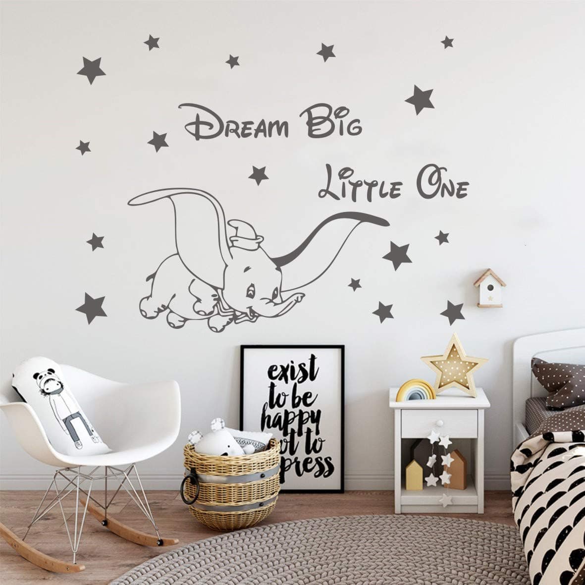 Vinyl Wall Decor Fly Dumbo Dream Big Little One Wall Sticker Cute Elephant Stars Mural Kids Baby Room Decoration Stickers LY1610 (Grey)