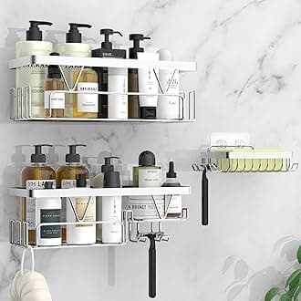 KEGII Shower Caddy Organiser with Soap Holder, Shower Shelf No Drilling, Adhesive Shower Storage Kitchen Rack, Bathroom Shower Accessories Tidy, Stainless Steel, Silver, 3 Pack