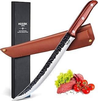 Breaking Knife 10 Inch-Hand Forged Carving Knives for Meat Japanese Cimeter Curved Blade Butcher Knives Professional with Leather Sheath for Camping Outdoor BBQ