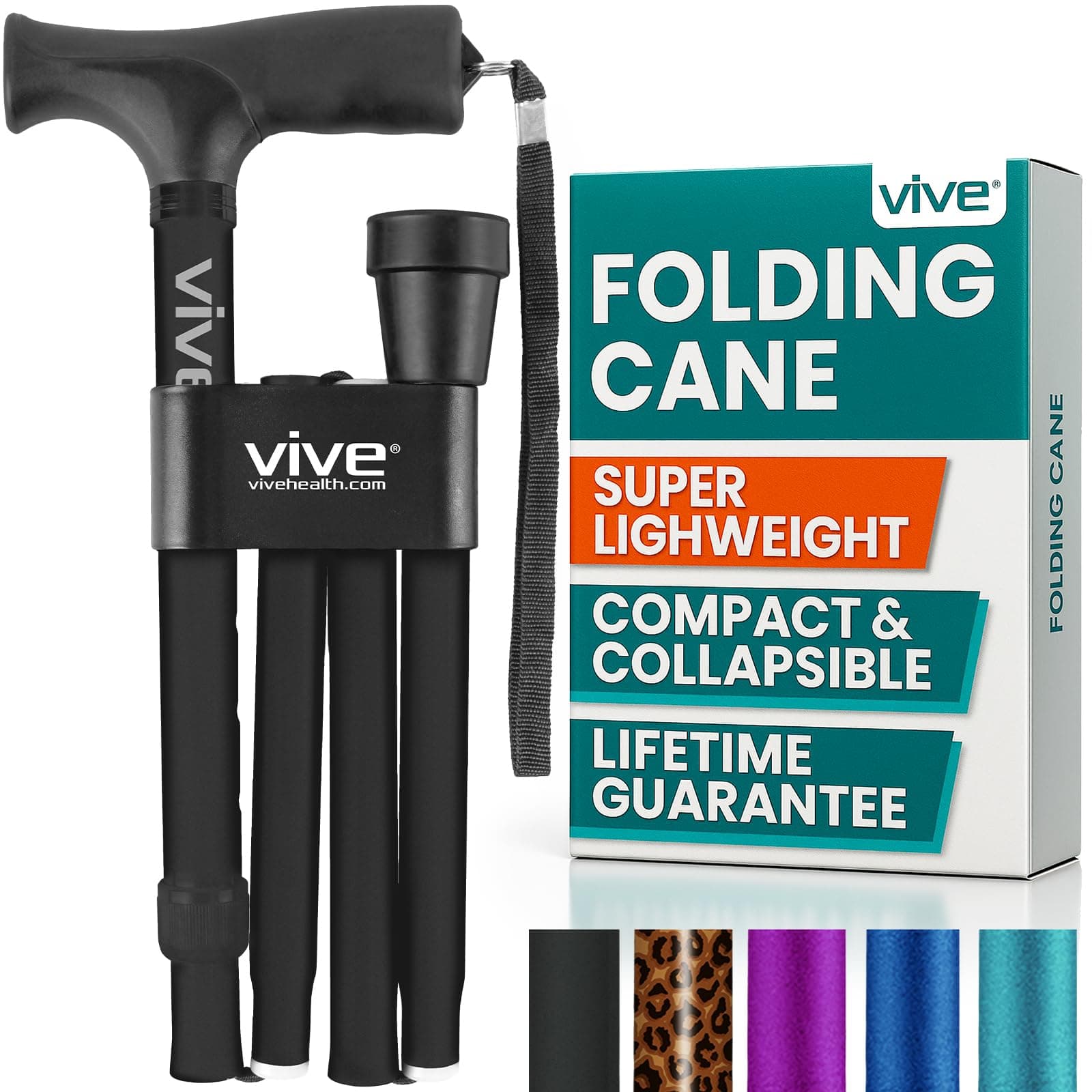 Vive Folding Cane - Lightweight Foldable Walking Stick for Men & Women - Adjustable & Durable for Portable Travel- Collapsible Balancing Mobility Aid - Sleek Ergonomic & Comfortable Handles