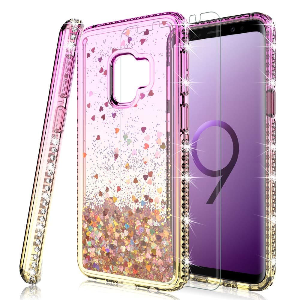 HATOSHI Galaxy S9 Plus Glitter Case with Screen Protector for Girls Women, Floating Quicksand Liquid Sparkle Bling Diamond Clear Cute Protective Phone Case for Samsung Galaxy S9+ Not Fit S9 Pink-Gold