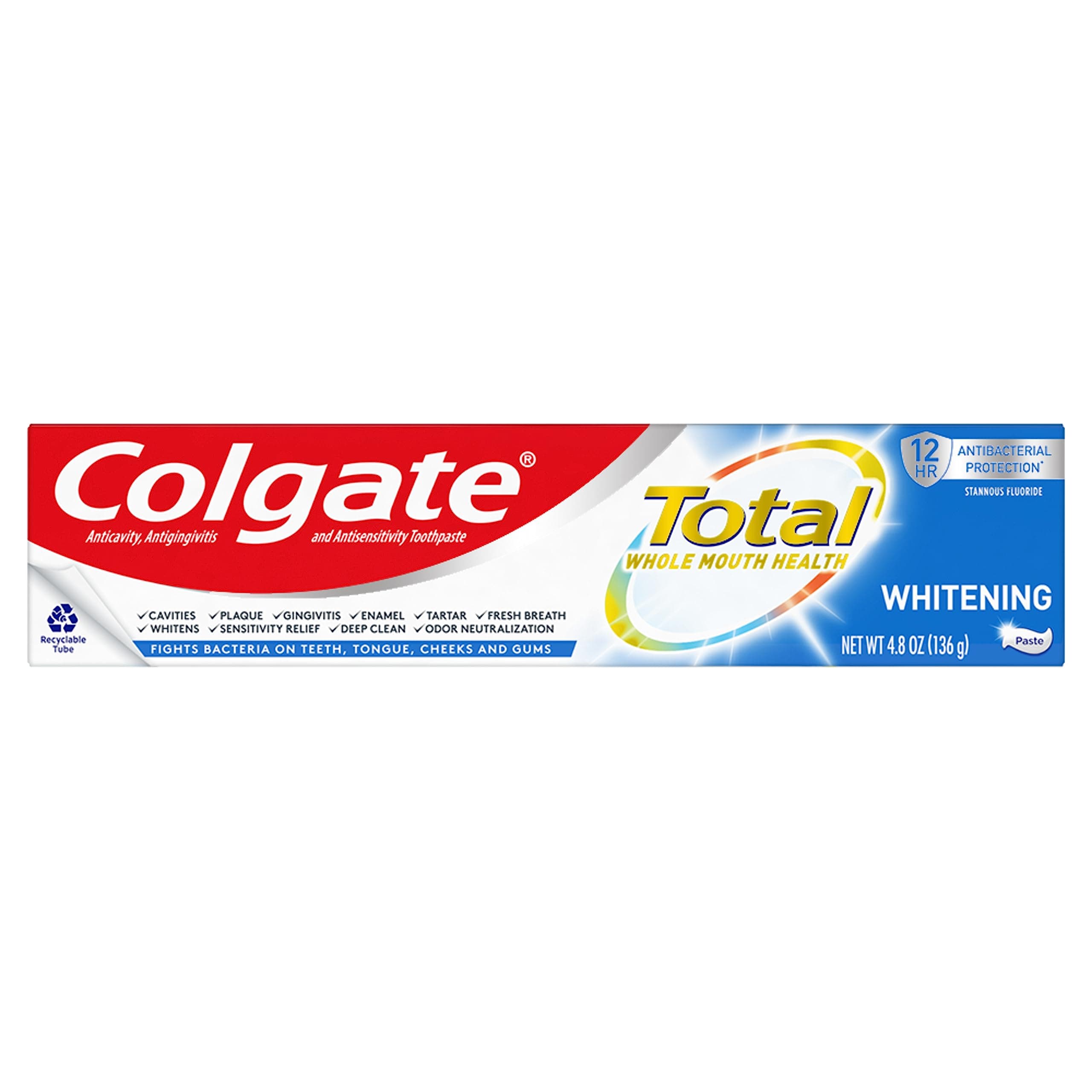 Total Teeth Whitening Toothpaste, 10 Benefits, No Trade-Offs, Sensitivity and Whitening, 4.8 oz Tube
