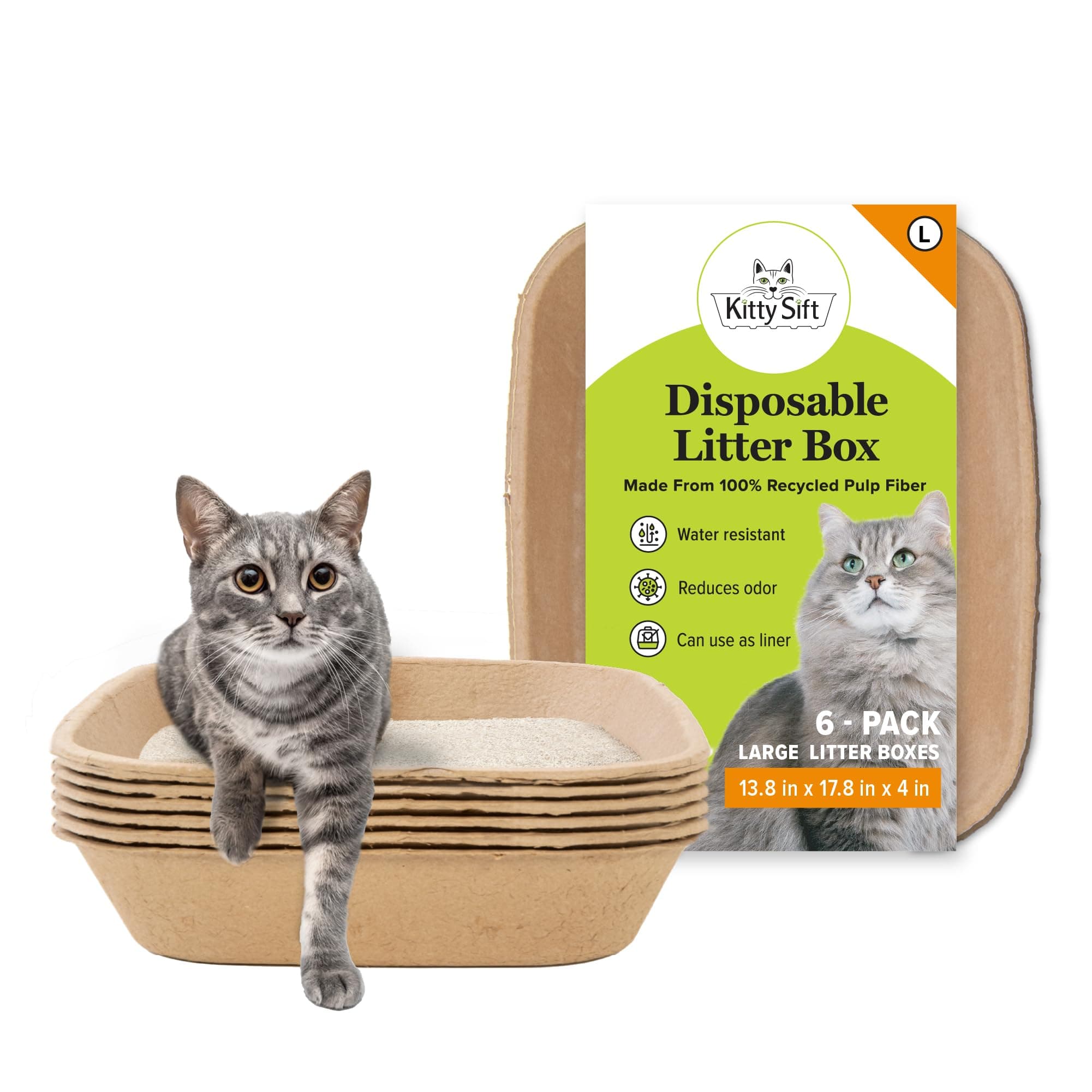 Kitty Sift (6-Pack) Disposable Cat Litter Box, Sustainable, Clean - Large, 6-Pack