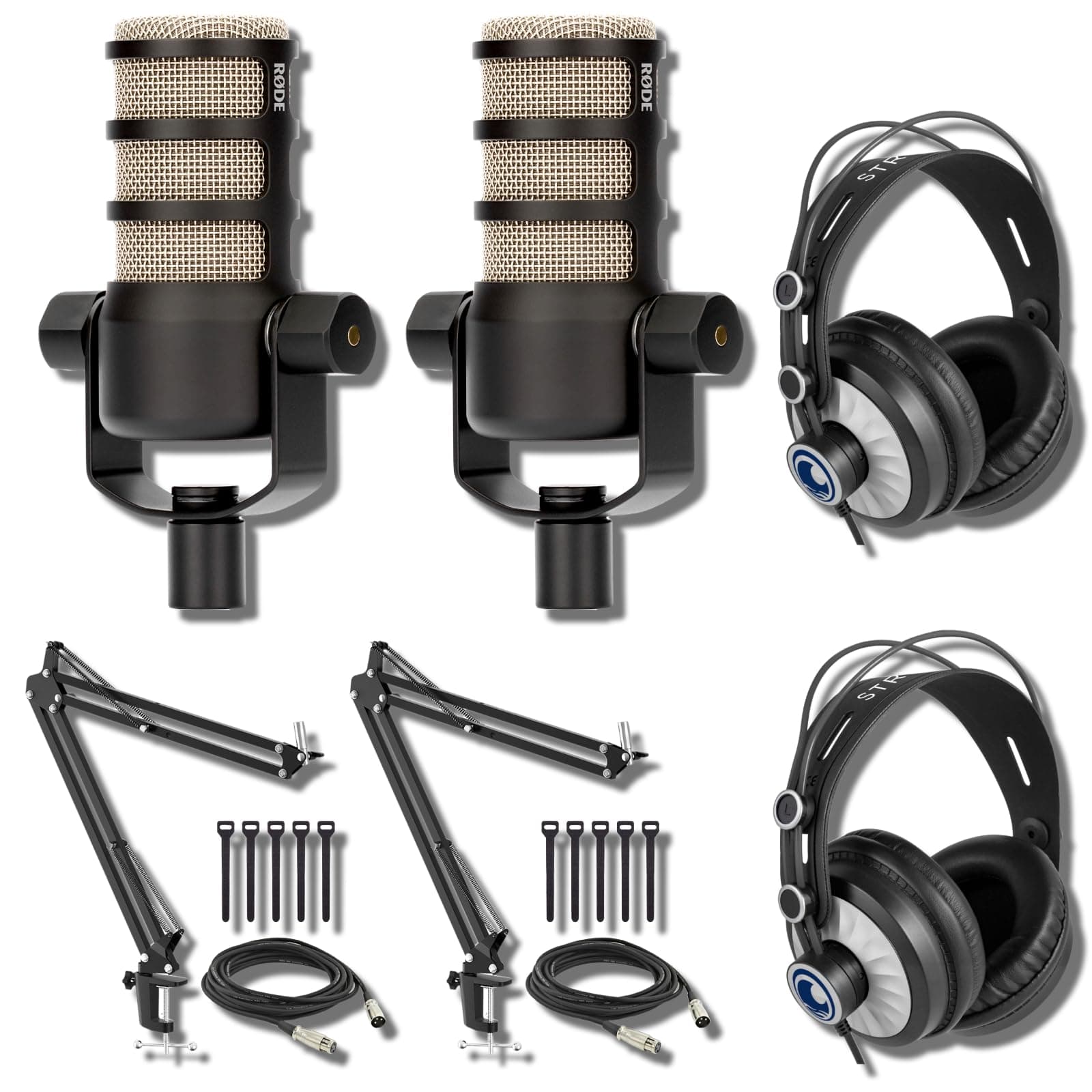 StreamEye Rode PodMic Dynamic Podcast Microphone (Pair) with BOOMARM Mic Arms, Over-Ear Podcast Headphones, XLR Cables and Polishing Cloth