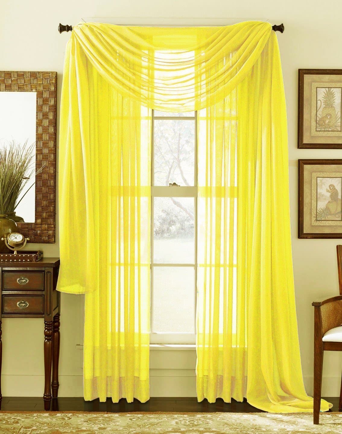 3 Piece Sheer Panel (2 Pieces 58" x 84") and Scarf Window (1 Pieces 37" x 216") Curtain Combo Set (Yellow)