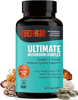 FreshCap Mushrooms Ultimate Mushroom Supplement 12,000mg - Nootropic Mushroom Complex Capsules, Organic Mushrooms Supplement, Nootropic Brain Supplements for Memory and Focus Ayurveda (60 Capsules)