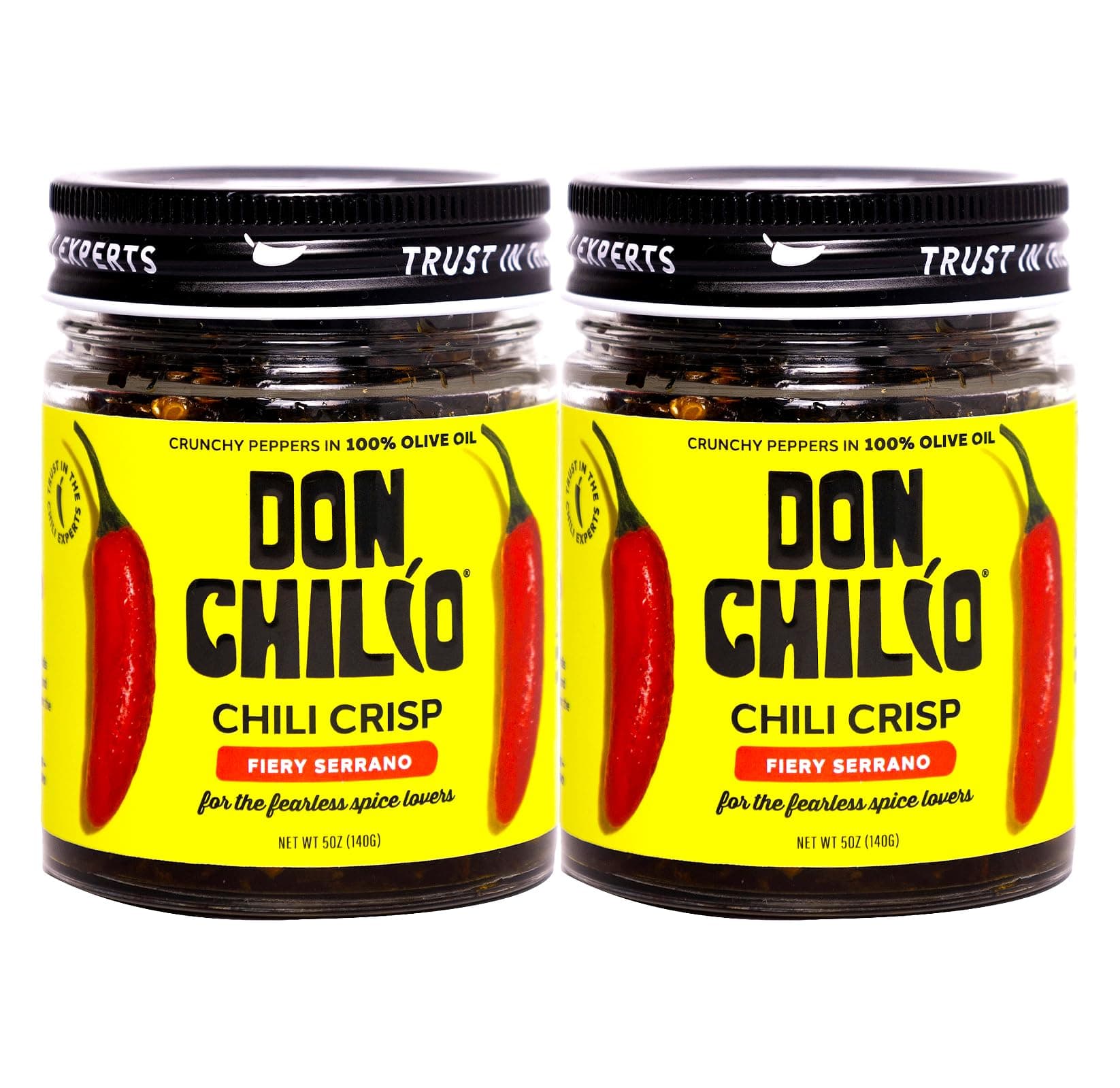 Don Chilio Crisp Mexican Serrano Pepper Medium Heat, 5 Oz, Pack of 2 - Crispy Sliced Serrano Peppers in 100% Seasoned & Spicy Olive Oil - Keto-Friendly, Vegan, Glue-Free