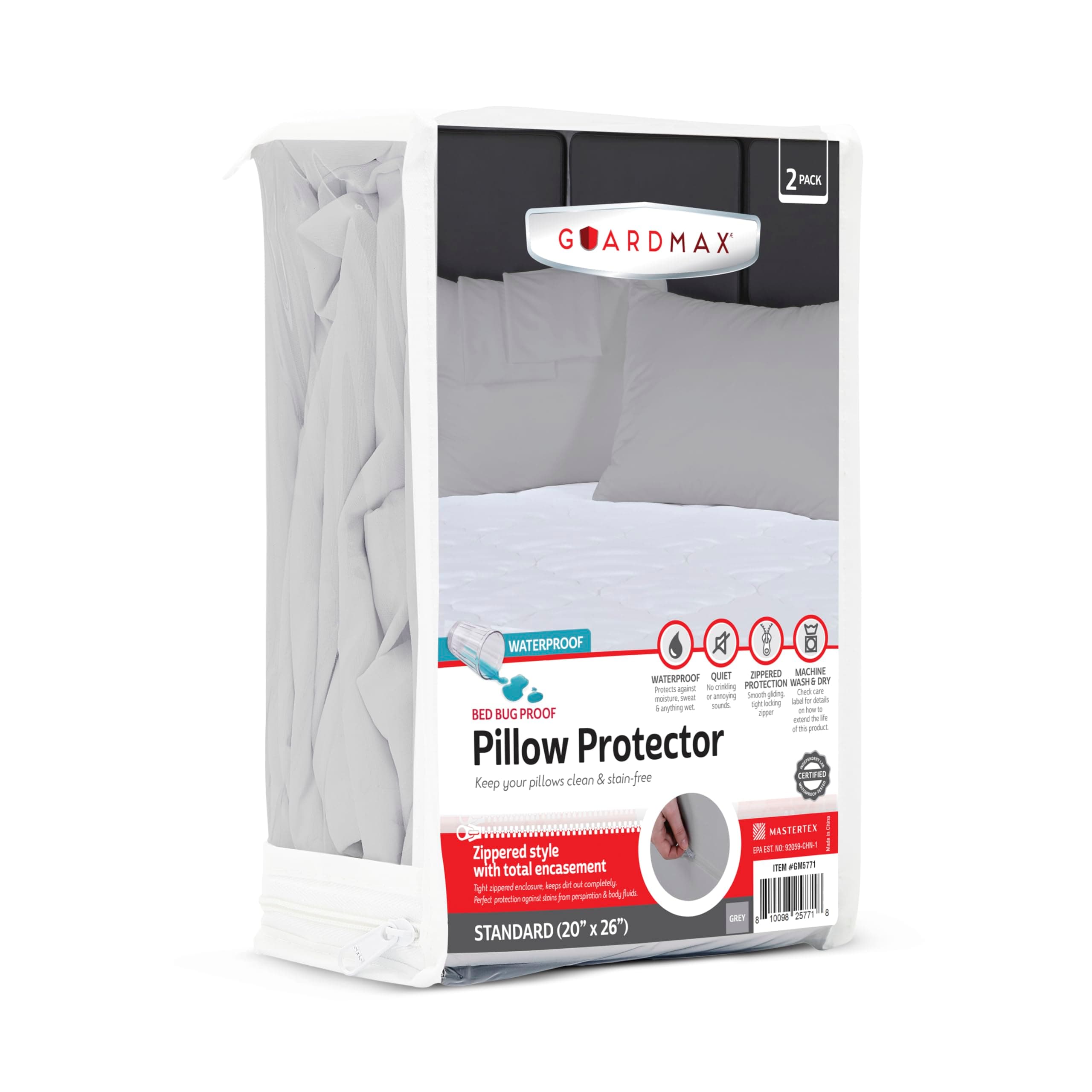 Guardmax Jersey Knitted Pillow Protector with Zipper Standard Size - 2 Pack -100% Waterproof, Bed Bug Proof, Dust Mite Proof, & Hypoallergenic Pillow Covers - Premium Zippered Pillow Cases. (20 X 26)