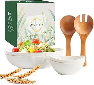 Wrova Wheat Straw Salad Bowl sets with Wood Salad Servers - 6Pack Unbreakable Salad Dinnerware Bundle Contains Large Wide Bowls,Sauce Bowls and Wood Spoon and Fork. White