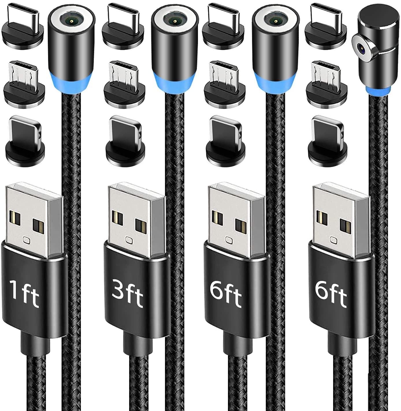 Magnetic Charging Cable 4-Pack [1ft/3ft/6ft/6ft], 360° Rotating Magnetic Phone Charger Cable with LED Light, 90° Angle Connector, Nylon-Braided Cords