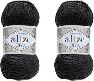 Diva Yarn Hand Knitting Yarn 100% Microfiber Acrylic Yarn Alize Diva Silk Effect Thread Crochet Art Lace Craft Lot of 2 skeins 200gr 767 yds (60-Black)