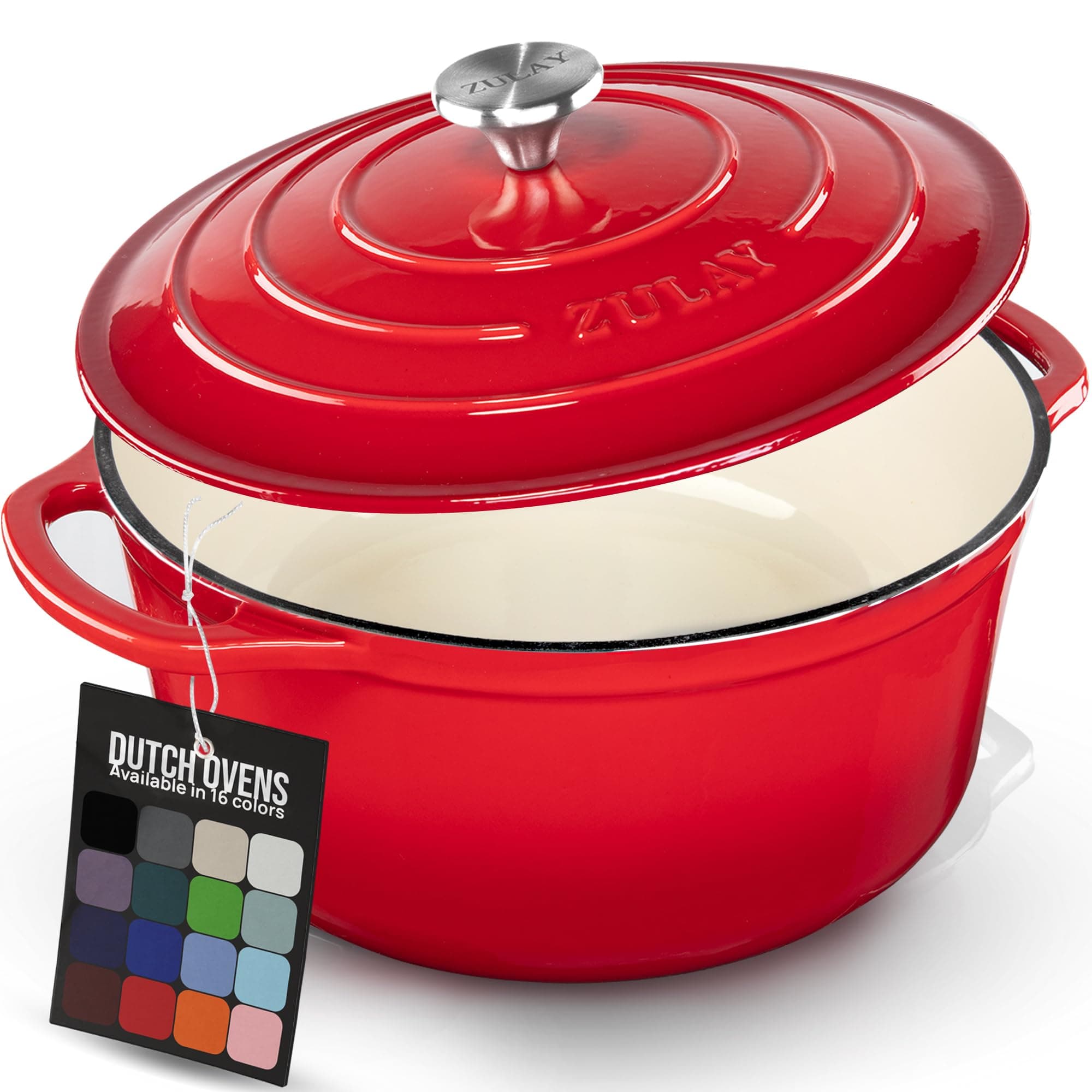 Zulay Kitchen 6.4 Quart Enameled Cast Iron Dutch Oven Pot with Lid – Premium Durability & Oven Safe up to 500°F – Heavy Duty Cookware Perfect for Bread Baking, Stews, Braising & Roasting - Ablaze Red