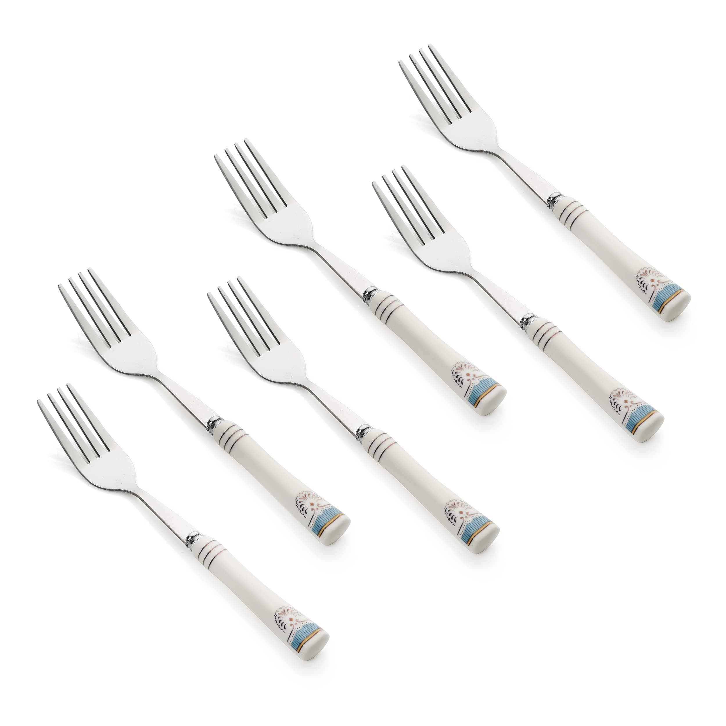 MGeezz Stainless Steel Fork Spoons Set for Home Kitchen & Restaurant Cutlery Dinner Table Bouillon Spoon with Ceramic Handle Tableware Serving Noodles Fork (6, Basic Small Fork)