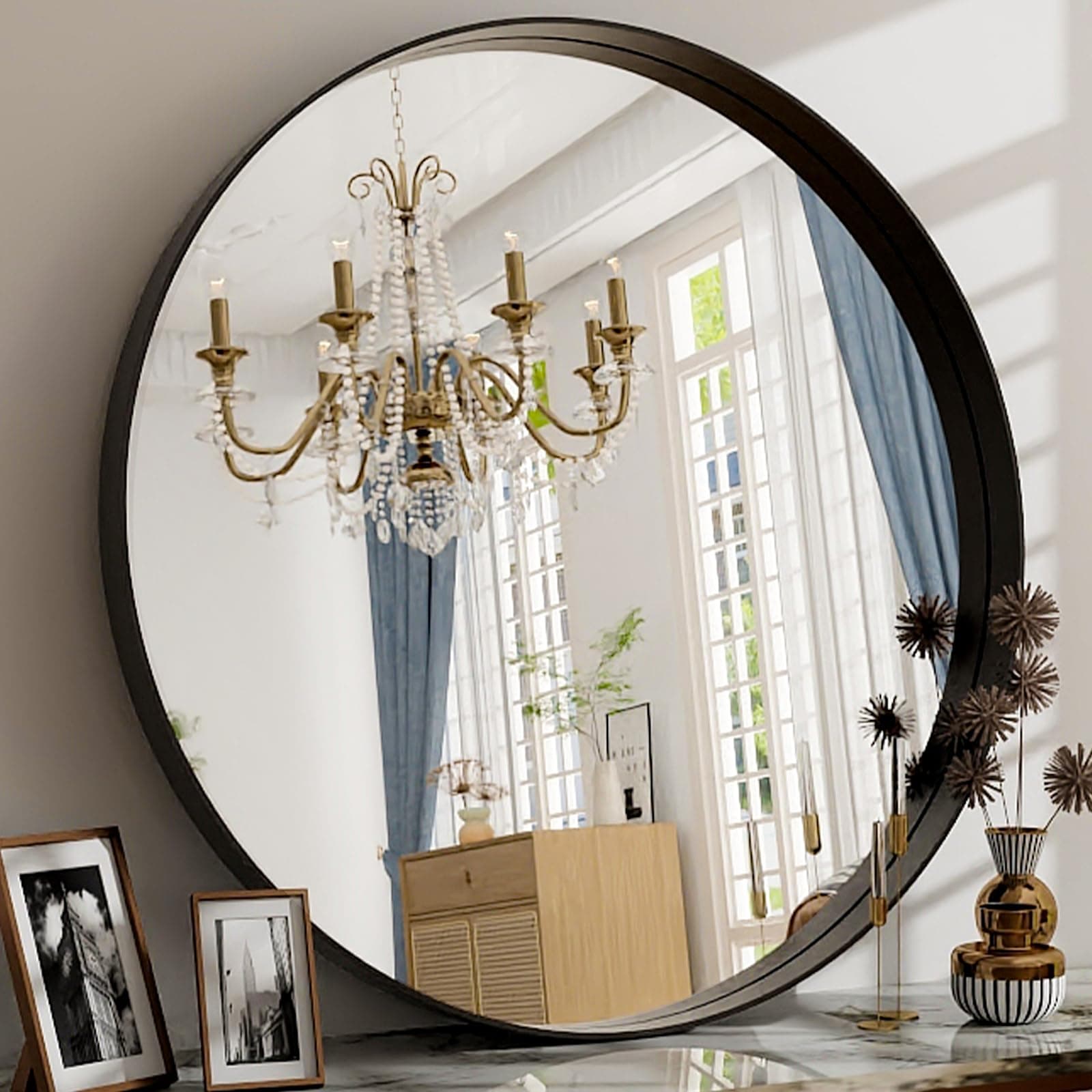 30 Inch Round Bathroom Mirror - Wall Mounted Circle Mirror with Metal Frame, Modern Mirror Suitable for Bathroom, Vanity, Entryway, Living Room, Wall Decor,Black