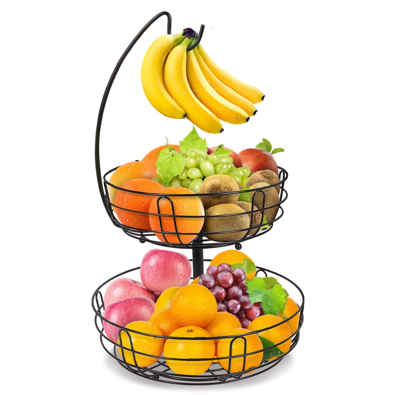 Fruit Baskets, 2-Tier Fruit Basket, Metal Wire with Banana Holder, Contemporary Fruit Bowl, Vegetable Basket, Black
