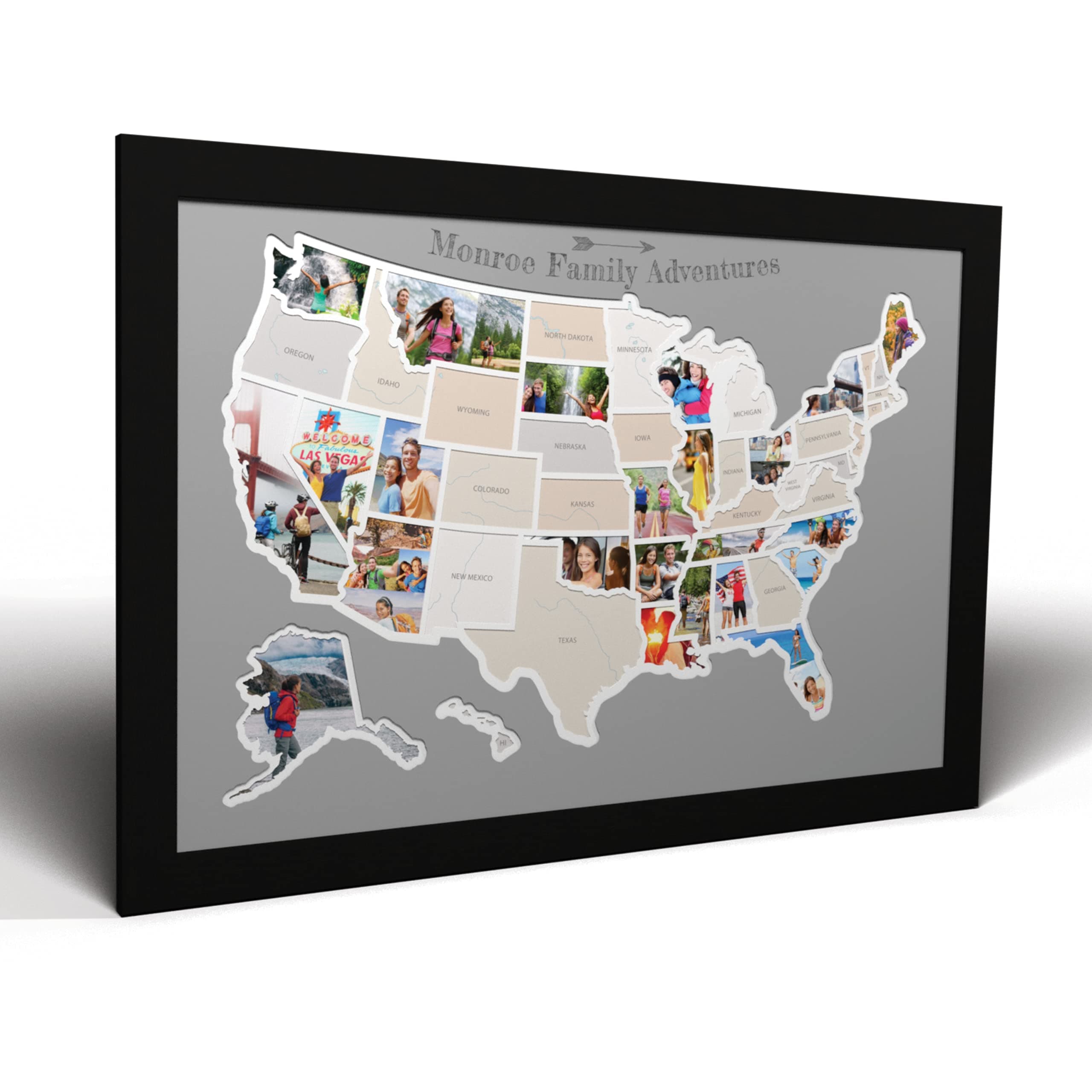 Personalized 50 States USA Photo Map - Frame Optional - Made in America (Driftwood, Black Frame)