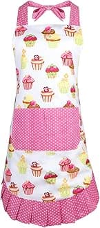 G2PLUS Aprons for Women with Pockets, 29 x 21 Inch Extra Long Ties Cupcake Apron, Pink Vintage Damask Apron for Kitchen Cooking, Baking and Gardening