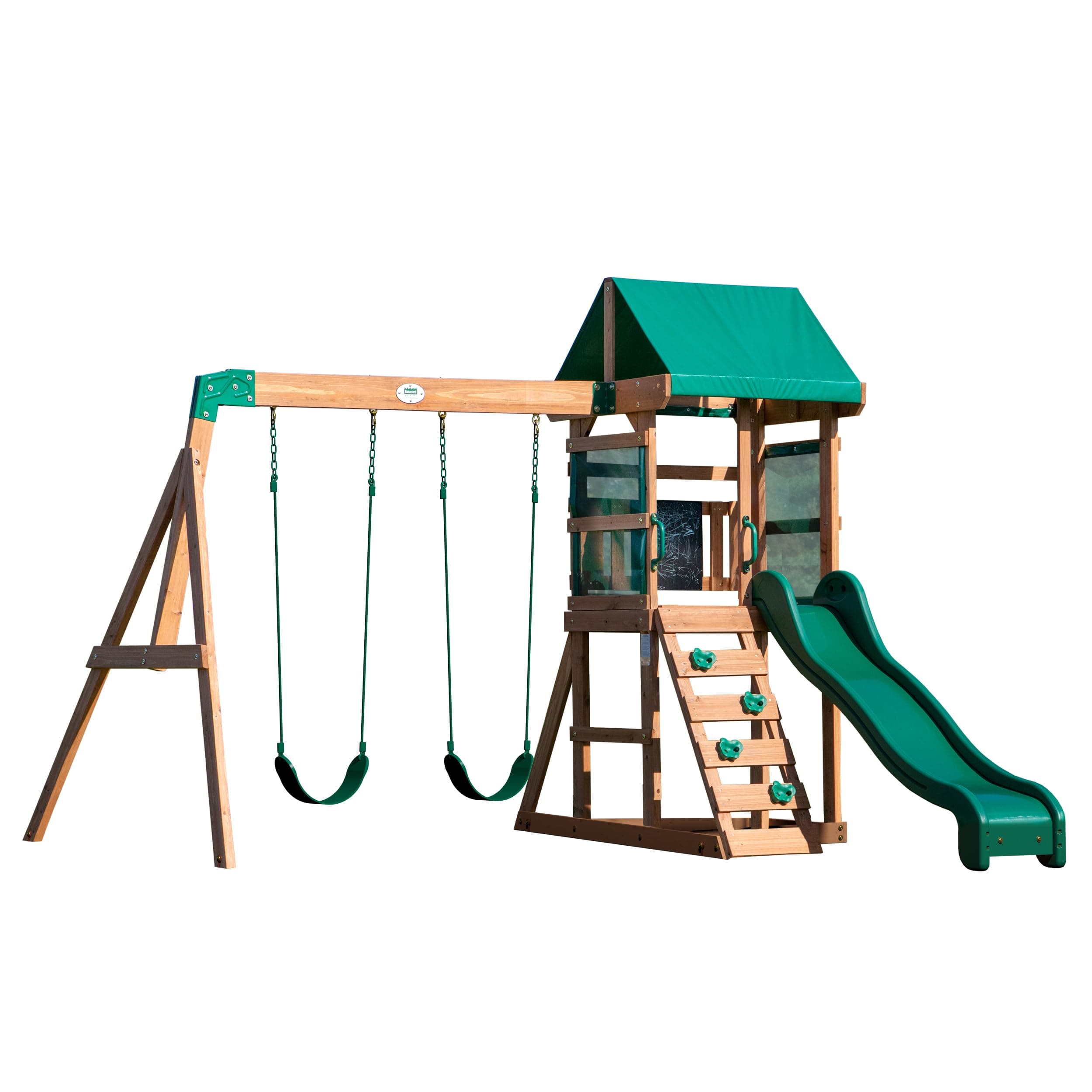 Backyard Discovery Buckley Hill Cedar Wood Swing Set with Wave Slide, Play Deck, Rock Ladder, Belt Swing, Chalkboard, Canopy Roof and Outdoor Playset
