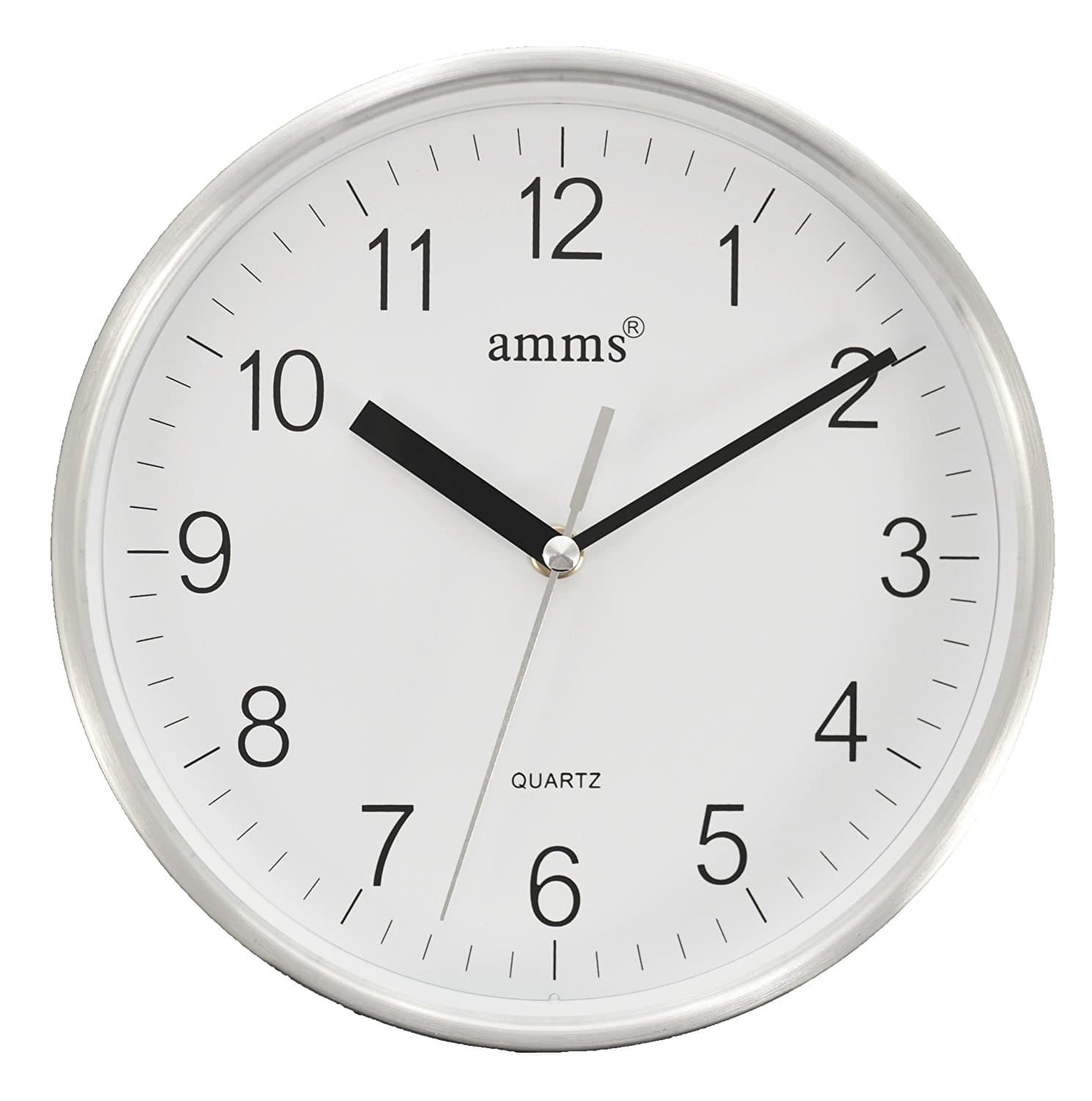 Compacted Brushed Aluminium Metal Cased White Dial Non Ticking Sweeping Seconds Quartz Wall Clock
