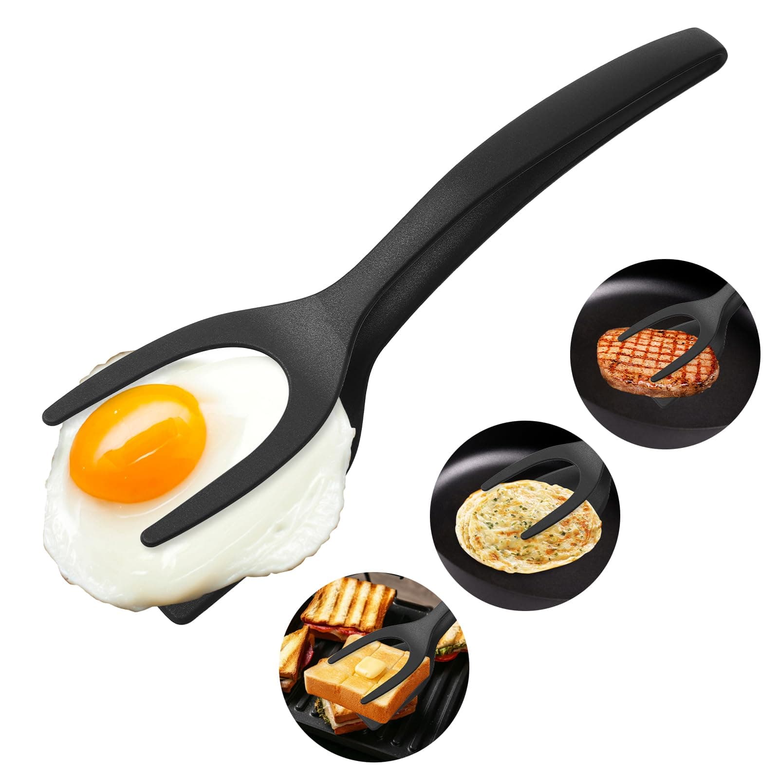 Egg Spatula Flipper 2 in 1 Grip and Flip Spatula Tongs Fried Egg Spatula Egg Flipper Spatula Tongs for Flipping Pancake Fish French Toast Omelet Making for Home Kitchen Cooking Tool (Black)