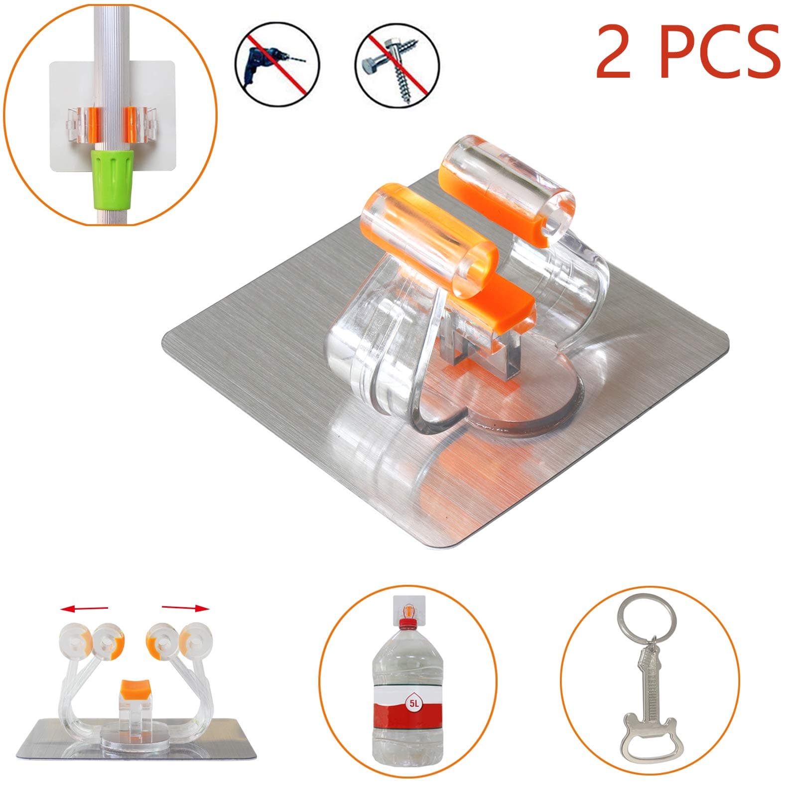 Mop Broom Holder Organizer Self Adhesive Waterproof Wall Mounted Mop Hooks Seamless Broom Hanger Holder Mount Tools Storage Organizer for Kitchen and Bathroom etc Place 2 PCS (Silver brushed)