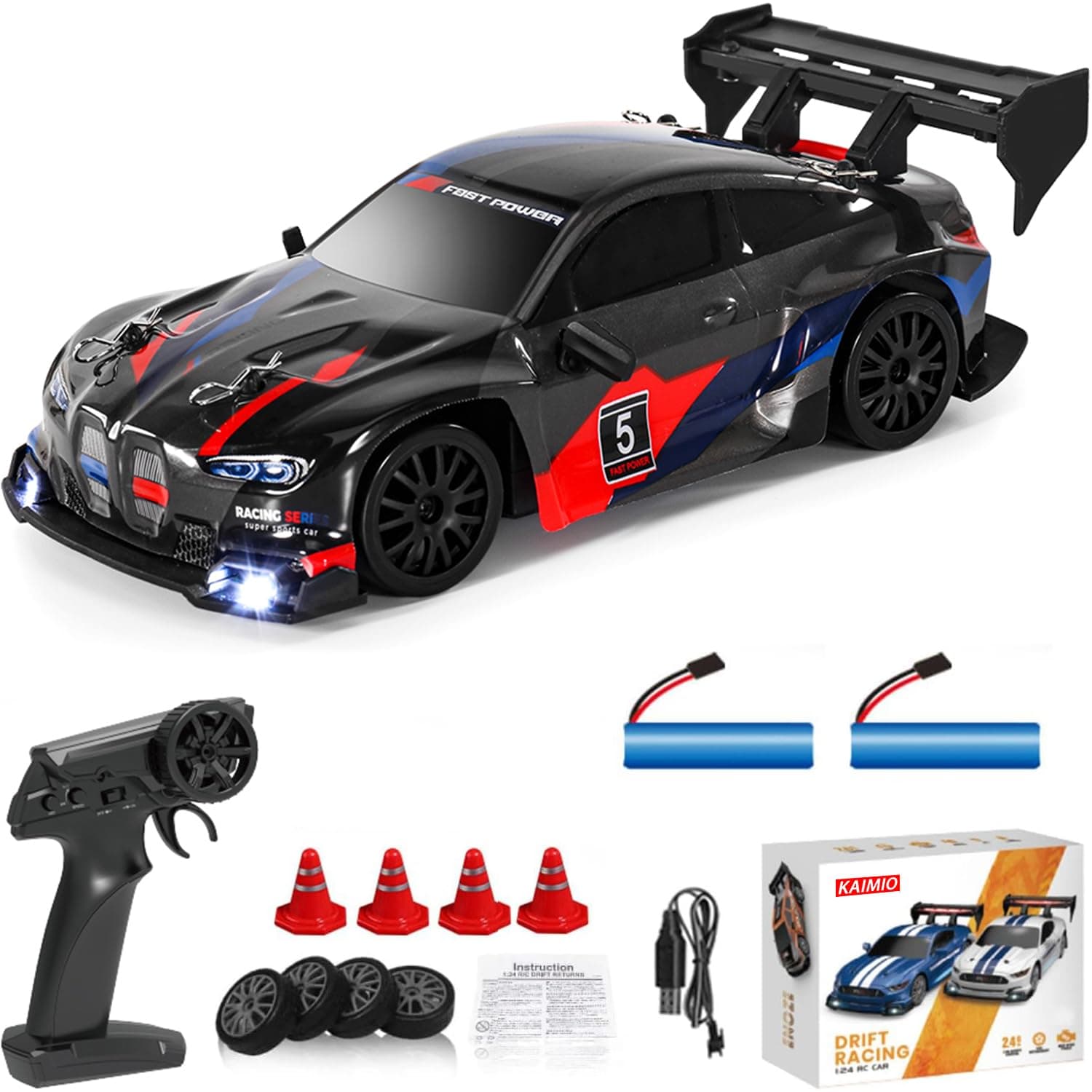 1:24 Scale RC Drift Car 4WD 2.4GHz 30KM/H High Speed Racing Sport Toy Car with LED Lights, Racing and Drift Wheels (8607-Black)