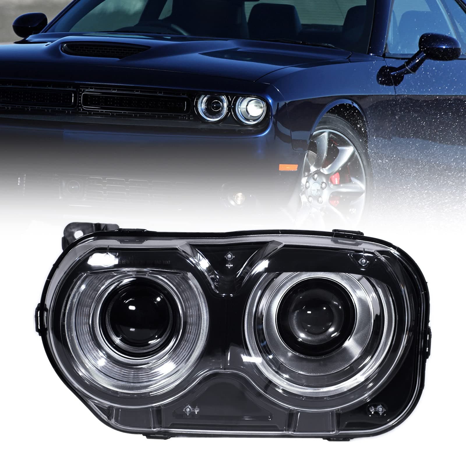 FIONE - For Dodge Challenger Headlight Assembly 2015 2016 2017 2018 2019 2020 2021 Black Housing Halogen Headlamps Replaceable Left Driver LH Side Headlights 68174065AF CH2502267