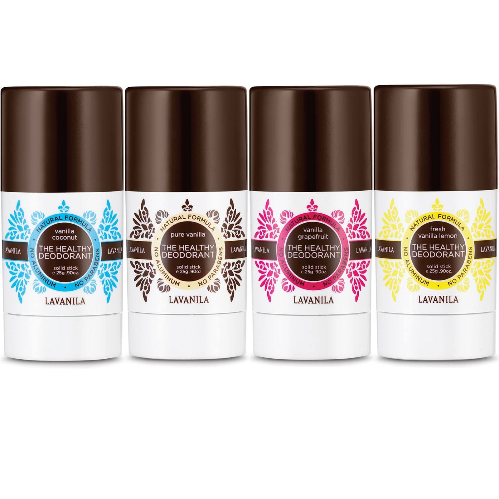 LavanilaAluminum Free Mini Deodorant 4-Pack - Includes Fresh Vanilla Lemon, Pure Vanilla, Vanilla Grapefruit & Vanilla Coconut, 0.90 oz each