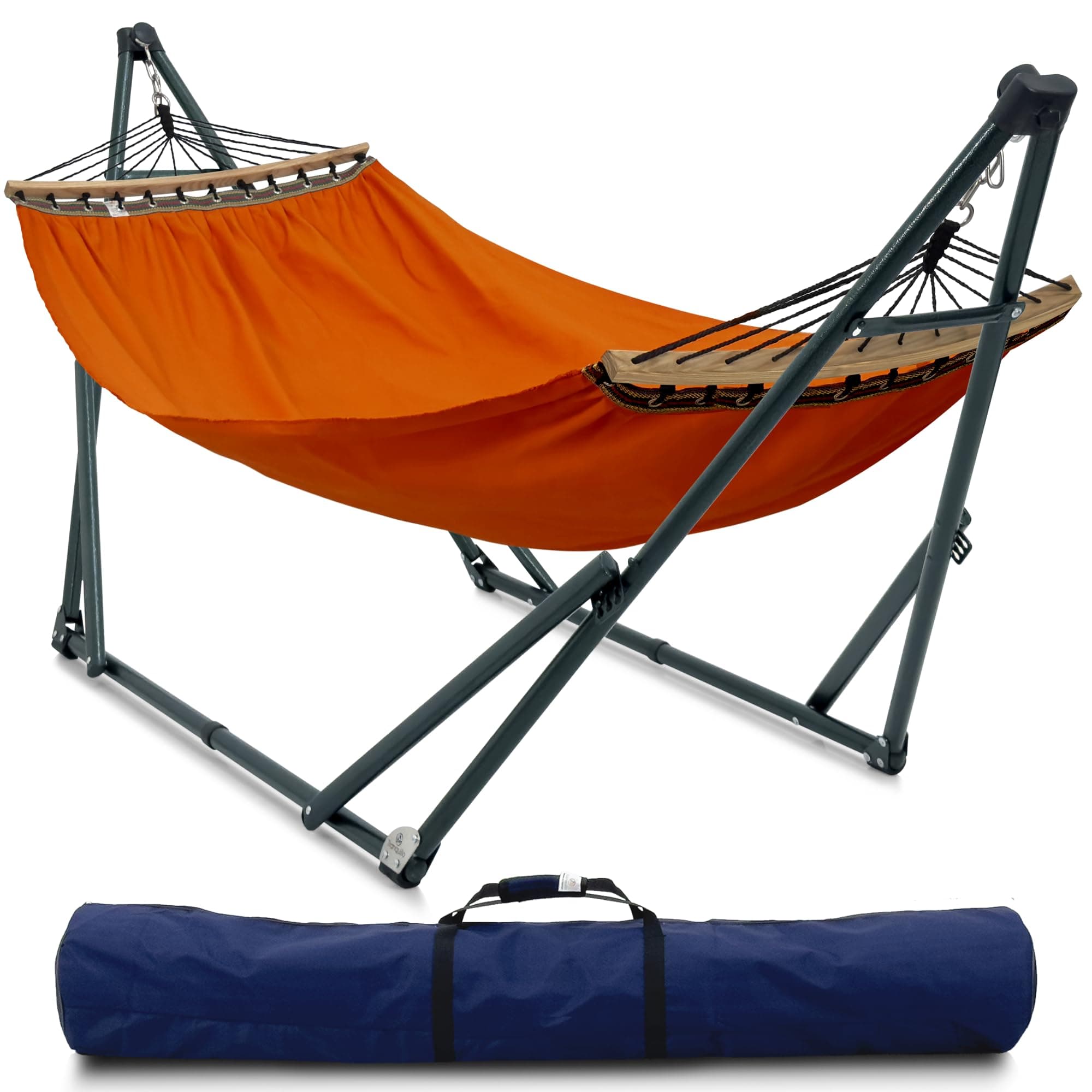 Tranquillo Sturdy Steel Hammock with Stand Premium Cotton Canvas Hammock, 600 lbs Capacity Hammock Stand Folding, Portable 30-Second Fold Unfold Hammock for Camping, Orange