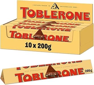 Toblerone Milk Chocolate Bar, Swiss Chocolate with Honey and Almond Nougat, Treat for Sharing or Christmas Gifting 200 g (Pack of 10)