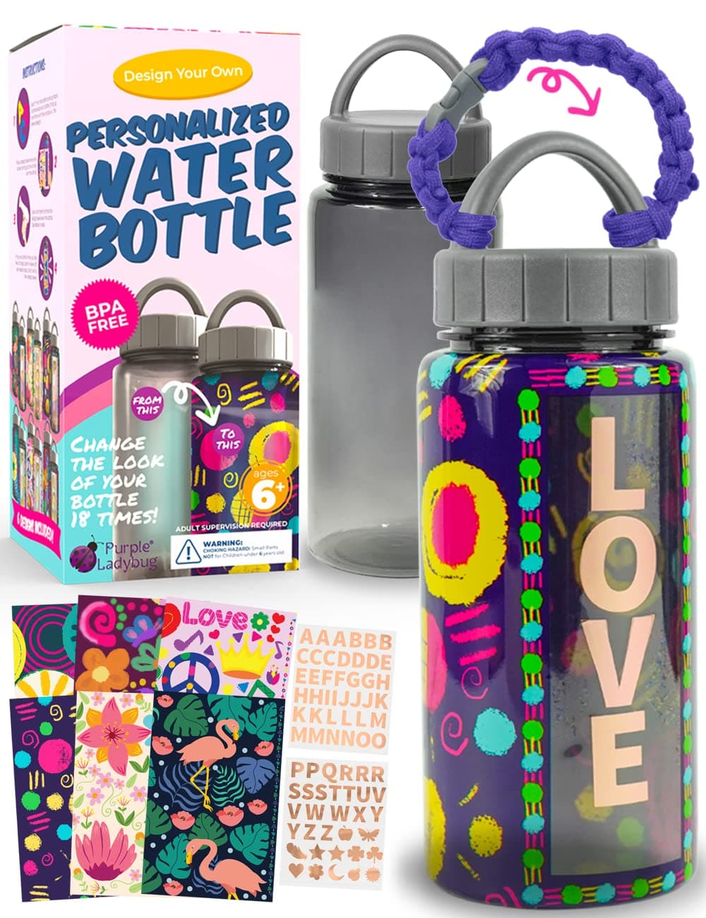 PURPLE LADYBUG Decorate Your Own Water Bottle Craft Kit Using Shrink Wraps - Unique Gift for 10 Year Old Girl, & Gifts for Girls 10-12 Years Old - Ideal Gifts for 8+ Year Old Girls