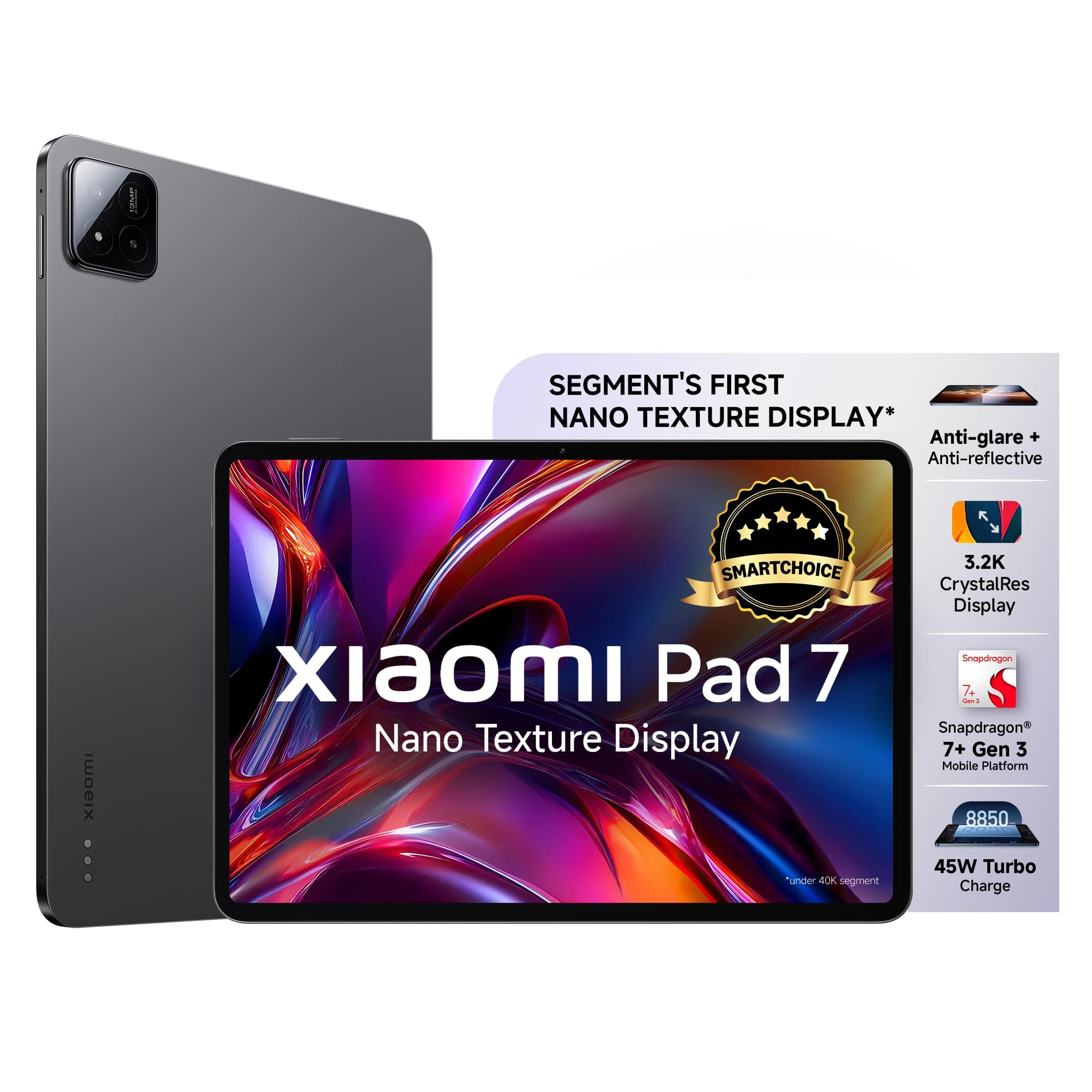 Pad 7 Nano Texture Display [Smartchoice] | Snapdragon 7+ Gen 3| 3.2K Display (28.44 cm /11.2") Tablet| 12GB, 256GB| Anti-Reflective| Anti-Glare| HyperOS 2| Dolby Vision Atmos | Graphite Grey