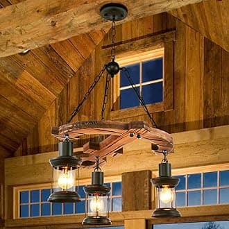 A Million Farmhouse Chandelier, Wood Anchor Chandelier with 3 Seeded Glass Shade, Hanging Rustic 3 Lights Ceiling Pendant Lighting Fixture for Dining Room, Living Room,Foyer, Kitchen Island