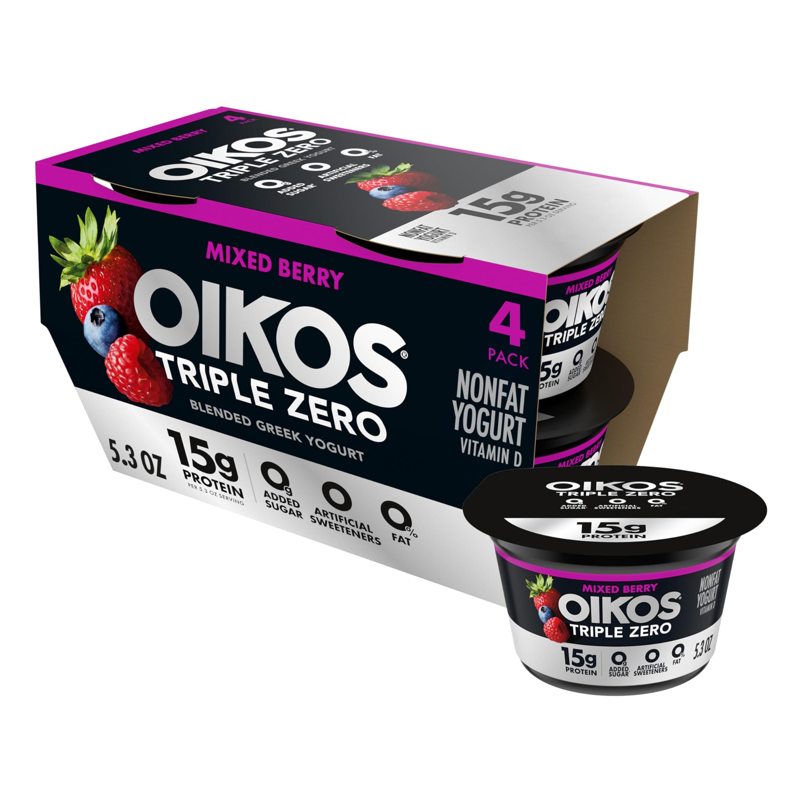Oikos Triple Zero Mixed Berry Nonfat Greek Yogurt Pack, 0% Fat, 0g Added Sugar and 0 Artificial Sweeteners, Just Delicious High Protein Yogurt, 4 Ct, 5.3 OZ Cups