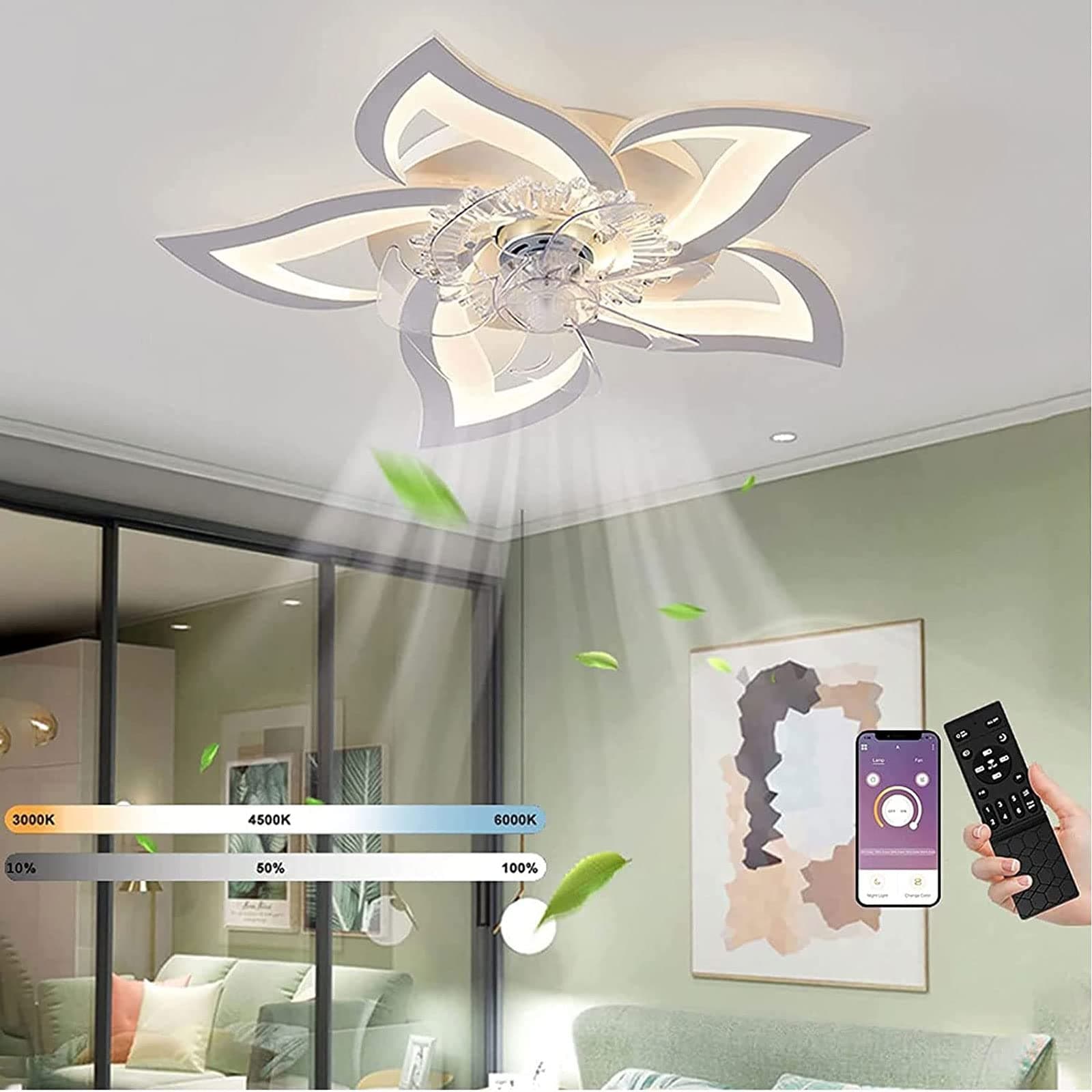 MiiR LED Quiet Ceiling Fan with Lighting, 50W Bedroom Ceiling Light, with Remote Control and APP Dimmable Lamp with Fan 5 Lights Flower Shape Acrylic Lampshade Living Room Kitchen Lamps 69cm