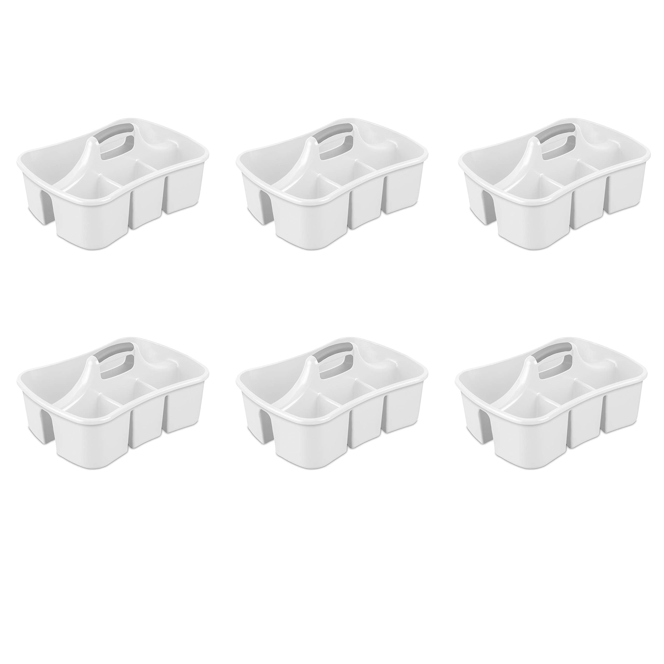 Sterilite Divided Ultra Caddy, Plastic, Portable Storage to Hold Bathroom and Cleaning Supplies, 5 Large Compartments and Handle, White, 6-Pack